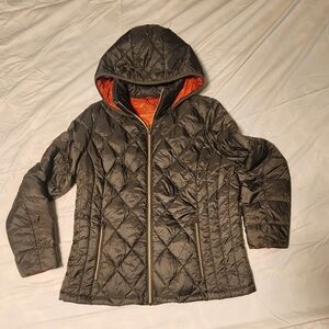Women's Lucky Brand Quilted Hooded Down Jacket - Gray and Orange